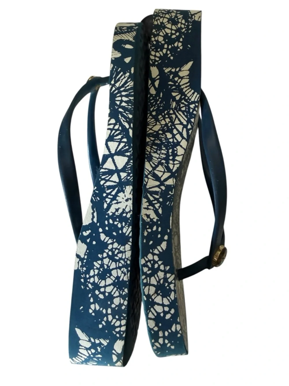 Tory Burch Blue Floral Batik Print Wedge Flip Flips Logo Medallion 9 Like New
